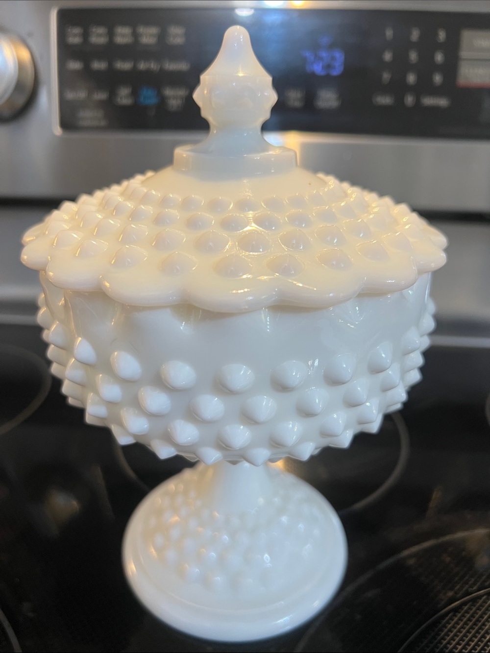White Hobnail Milk Glass Container Vanity
